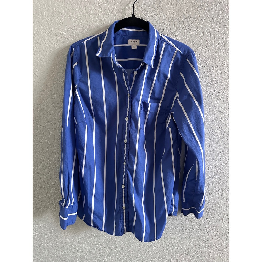 J.Crew Blue White Striped Button Down Shirt BT991 Small Womens Long Sleeve